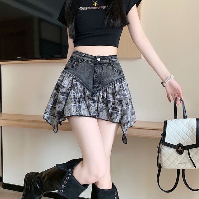 Plaid Panel Mini Denim Skirt with Washed Finish