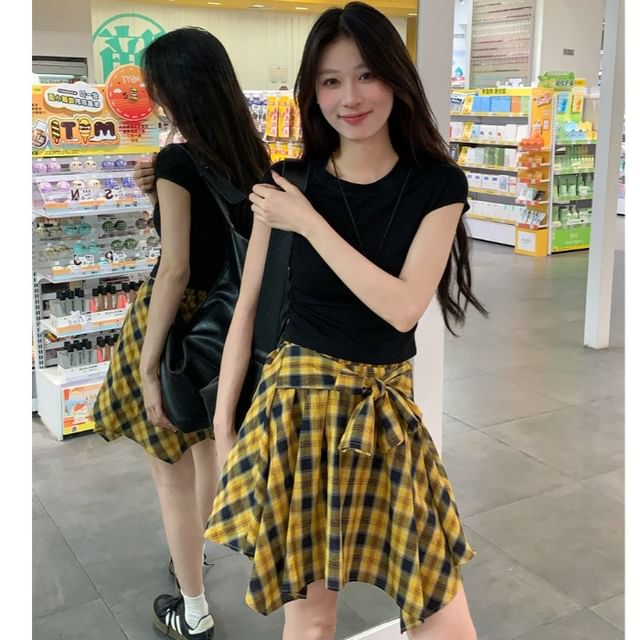 Ruched Crew Neck Tee and Plaid Mini Skirt