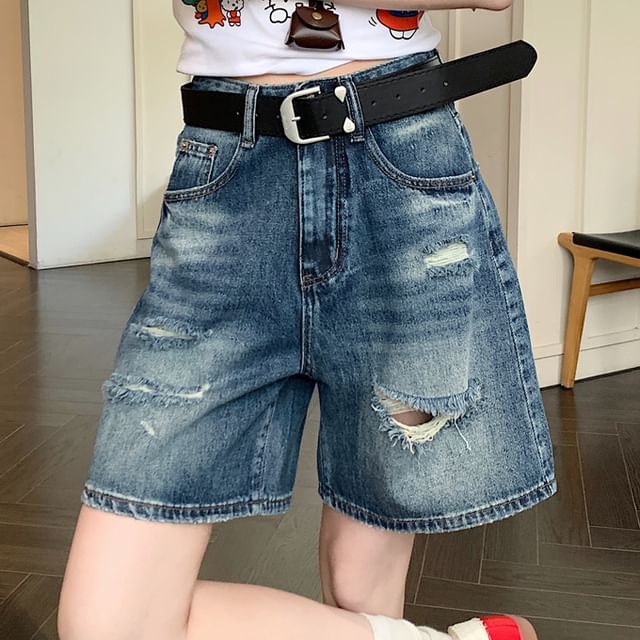 High Waist Washed Denim Distressed Shorts