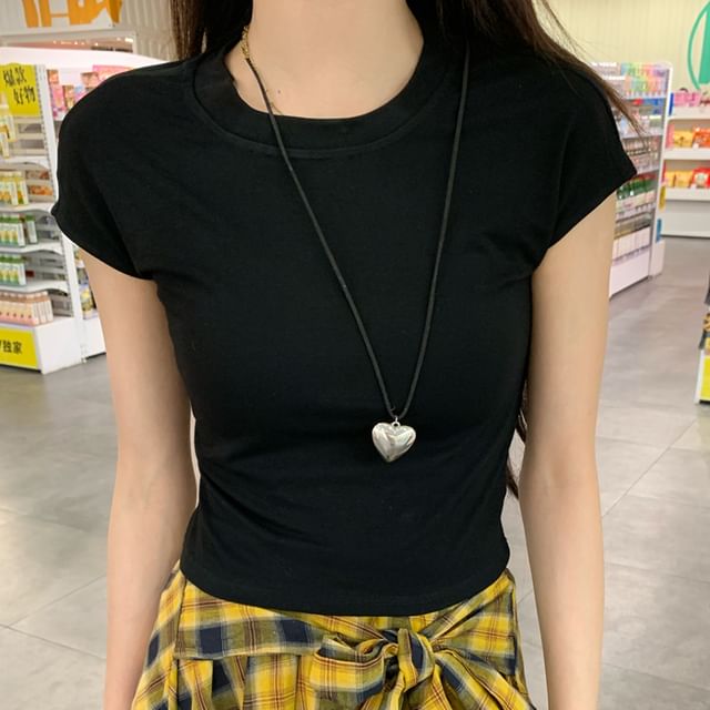 Ruched Crew Neck Tee and Plaid Mini Skirt