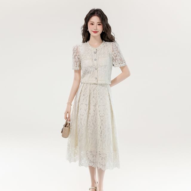 Lace-Trimmed Button Top with Midi Flared Skirt