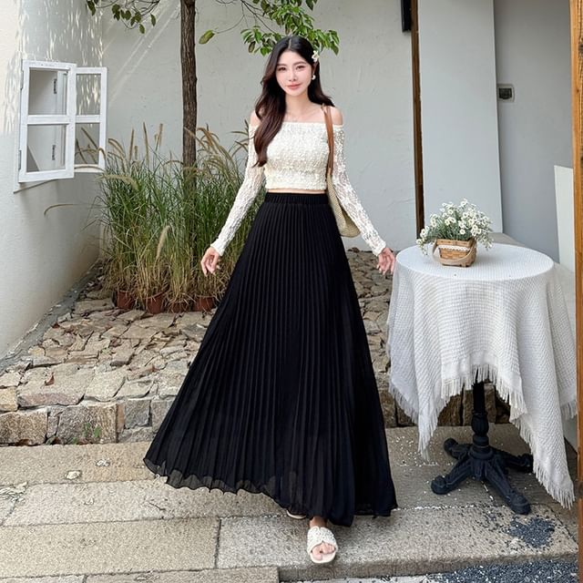 Elasticized Pleated Maxi Flared Skirt