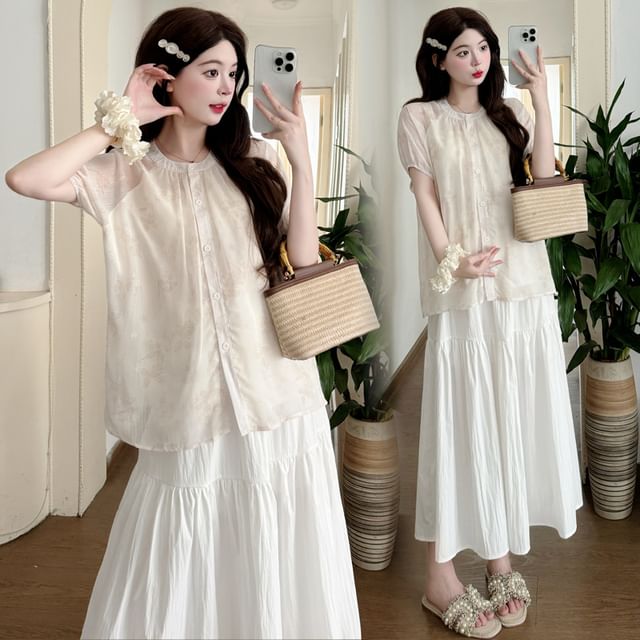 Maternity Jacquard Button Blouse & Midi Skirt Set