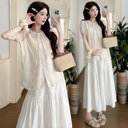 Maternity Jacquard Button Blouse & Midi Skirt Set