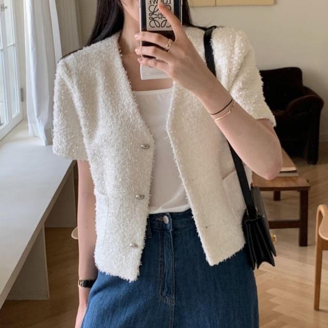 Short-Sleeve V-Neck Fringed Button-Up Plain Tweed Jacket
