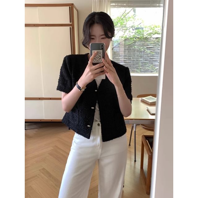 Short-Sleeve V-Neck Fringed Button-Up Plain Tweed Jacket