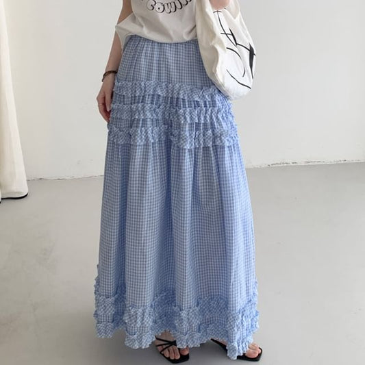Gingham Ruffle Trim Tiered Midi Skirt with Elastic Waist