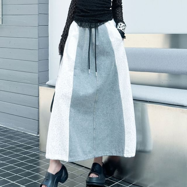Washed Denim Maxi Skirt with Lace Panel and Drawstring