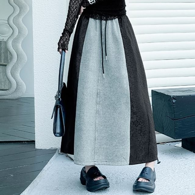 Washed Denim Maxi Skirt with Lace Panel and Drawstring