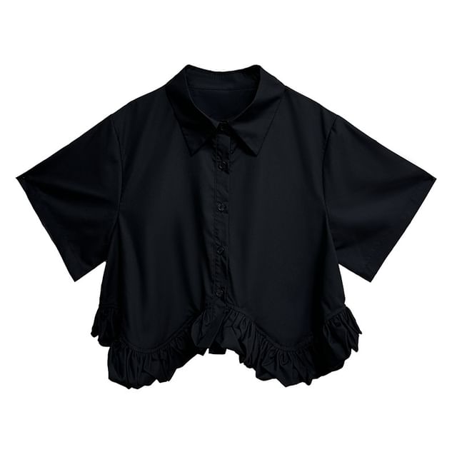 Collared Crop Blouse with Ruffle Hem and High-Rise Midi Skirt