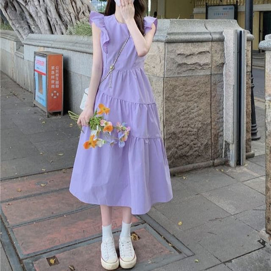 Round Trim Ruffle Plain A-Line Neck Midi Dress Tiered Cap-Sleeve