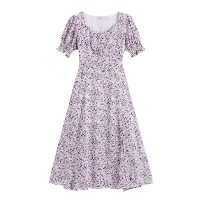 Slit A-Line Midi Puff-Sleeve Dress Floral