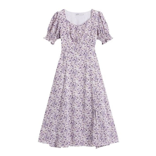 Slit A-Line Midi Puff-Sleeve Dress Floral