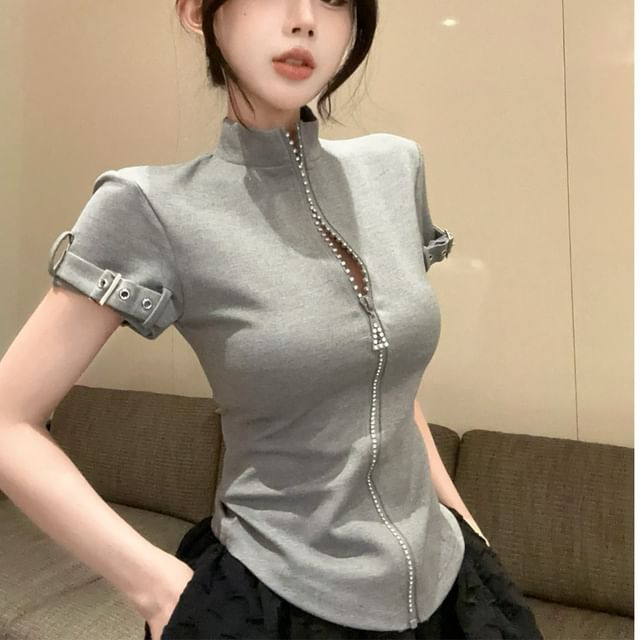 Mock Neck Rhinestone Fitted Tee & Mini Flared Skirt