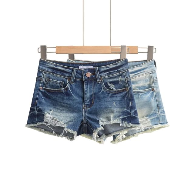 Low Rise Washed Frayed Distressed Denim Hot Pants