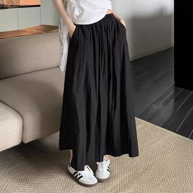 Shirred Midi A-Line Skirt with High Waist