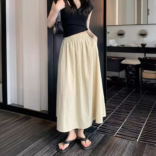 Shirred Midi A-Line Skirt with High Waist