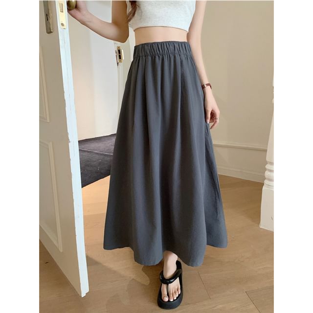 Shirred Midi A-Line Skirt with High Waist