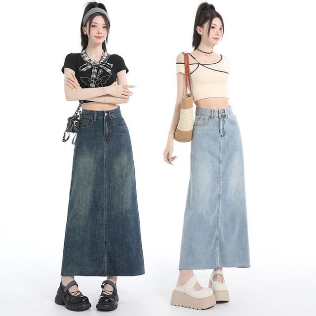 Washed Denim Maxi Flared Skirt