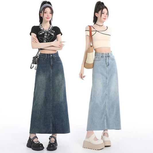 Washed Denim Maxi Flared Skirt