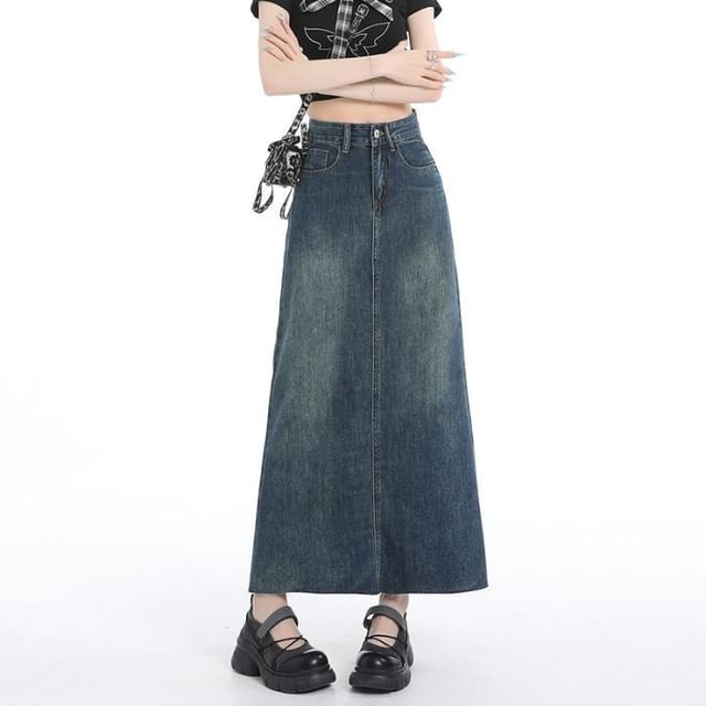 Washed Denim Maxi Flared Skirt