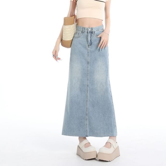 Washed Denim Maxi Flared Skirt