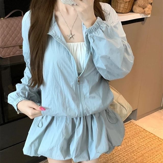 Stand Collar Jacket with Mini Balloon Skirt Set