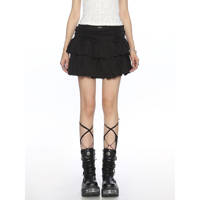 Tiered High-Rise Flared Mini Skirt