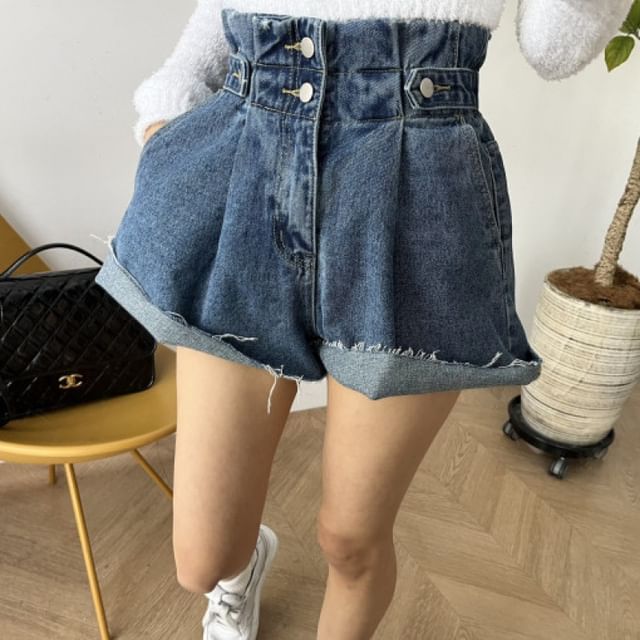 High Waist Frayed Denim Shorts