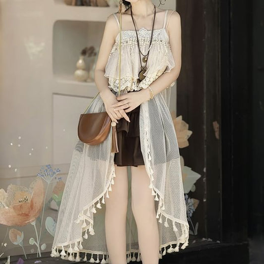 Fringed Cami Top with Ruffled Mini Skirt and Belt Set