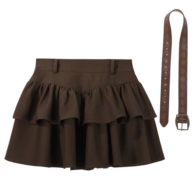 Fringed Cami Top with Ruffled Mini Skirt and Belt Set