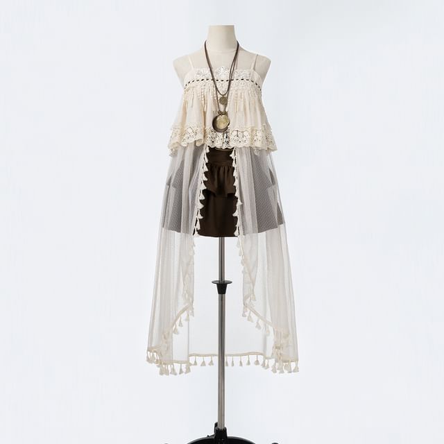 Fringed Cami Top with Ruffled Mini Skirt and Belt Set