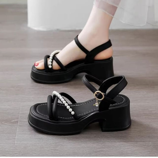 Faux Block Platform Pearl Sandals Heel