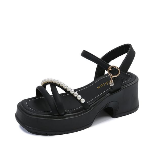 Faux Block Platform Pearl Sandals Heel