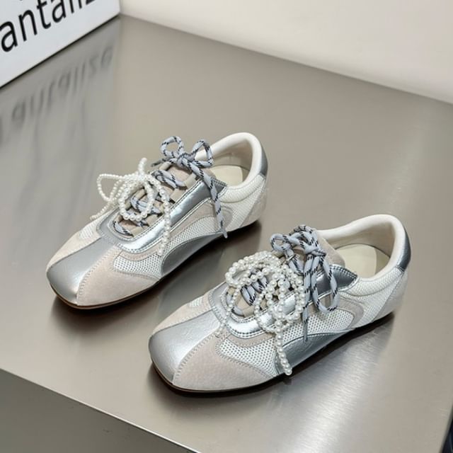 Panel Sneakers Mesh Beaded Bow Square Toe