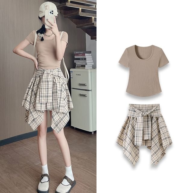 Asymmetrical Tie-Front Mini Skirt with Plaid Pattern