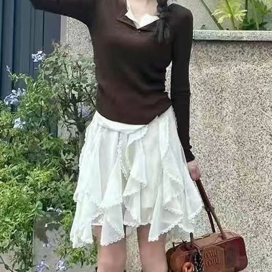 Lace-Trimmed Ruffle Mini Skirt with High Rise