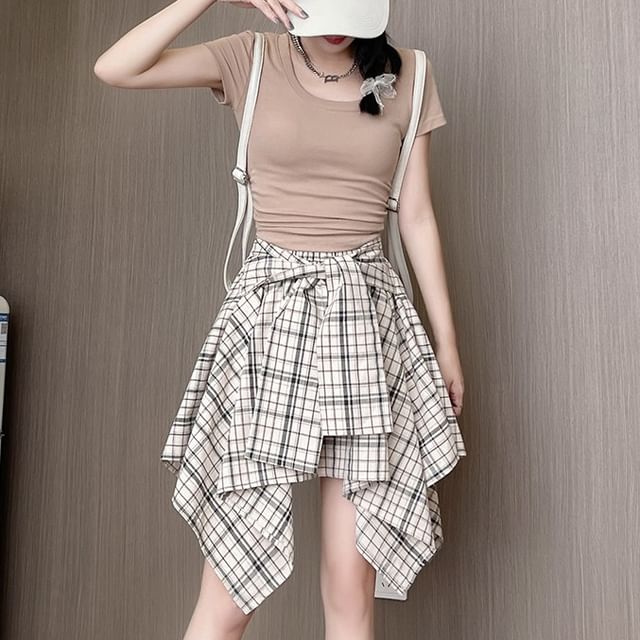Asymmetrical Tie-Front Mini Skirt with Plaid Pattern