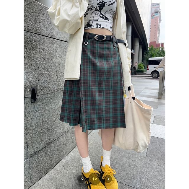 Plaid Midi A-Line Skirt with High Waist