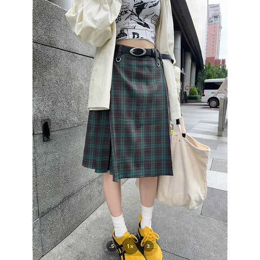 Plaid Midi A-Line Skirt with High Waist