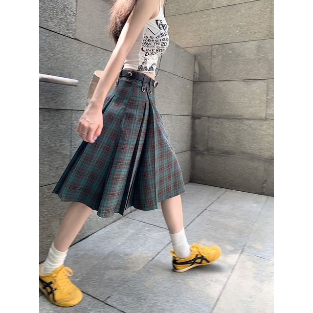 Plaid Midi A-Line Skirt with High Waist