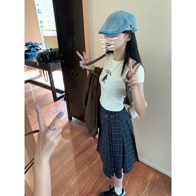 Plaid Midi A-Line Skirt with High Waist