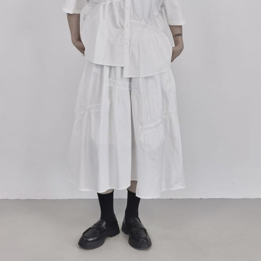 Gathered Midi A-Line Skirt with Drawstring and Plain Fabric