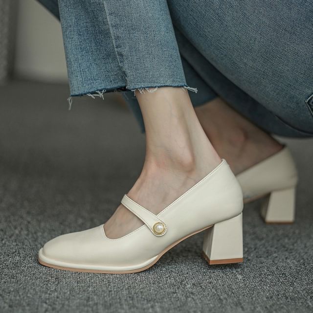 Heel Pumps Faux Pearl Chunky Jane Square Toe Mary