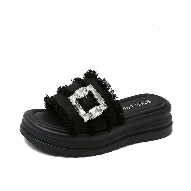 Sandals Slide Platform Trim Buckled Fringed Rhinestone
