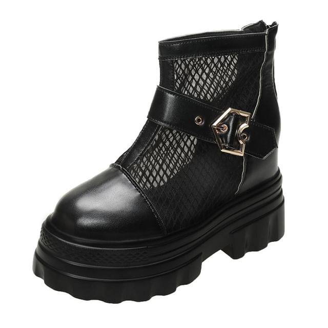 Heel Chunky Short Boots Buckled Platform Mesh Panel