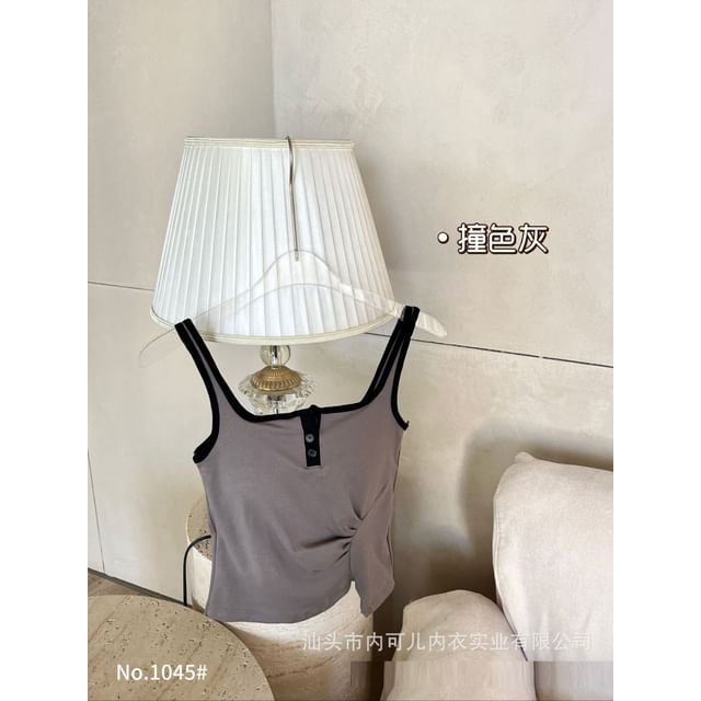 Square Neck Henley Plain Crop Tank Top