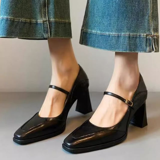 Jane Heel Faux Leather Chunky Mary Shoes