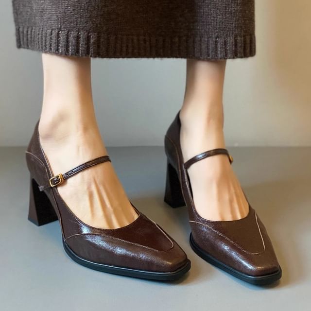 Jane Heel Faux Leather Chunky Mary Shoes