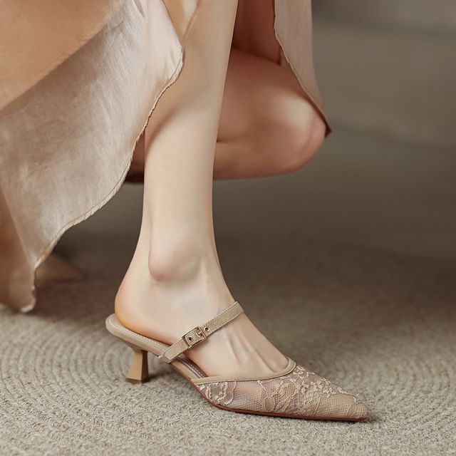 Toe Mules Pointed Kitten Floral Mesh Heel